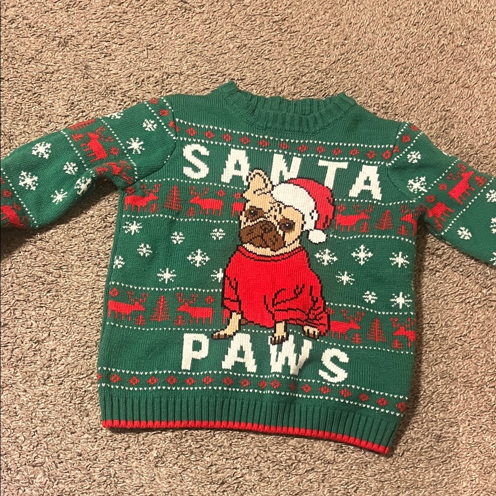 Holiday Time Kids Green "Santa Paws" Christmas Sweater with Red Accents